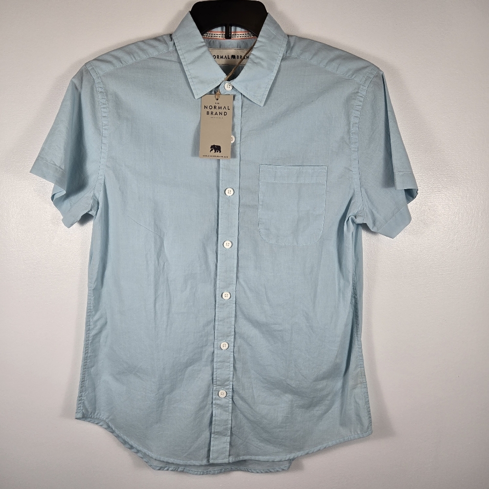 NEW The Normal Brand Men Cotton Light Blue Short Sleeve Button Down Shirt Small